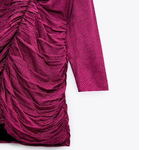 Zara Women Ruched Satin Effect Print Wrap Dress Fuchsia Pink