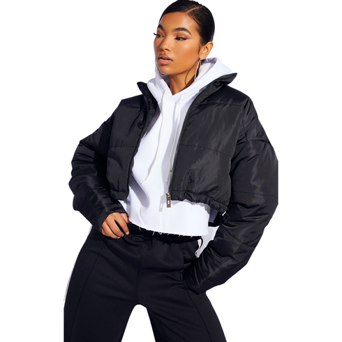PrettyLittleThing Black Nylon Super Cropped Toggle Hem Puffer Jacket | 2 US