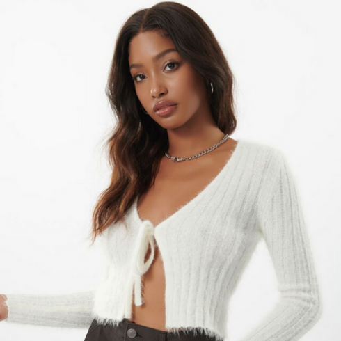 Garage Fuzzy Front-Tie Cardigan Crop Top on Sale, White