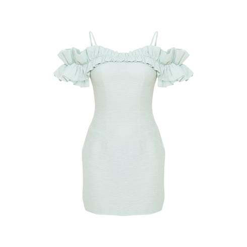 PrettyLittleThing Petite Sage Green Frill Cold Shoulder Mini Dress