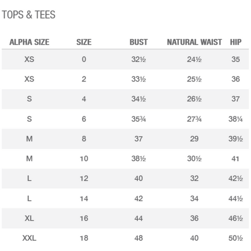 Ricki's Tops & Tees Size Chart