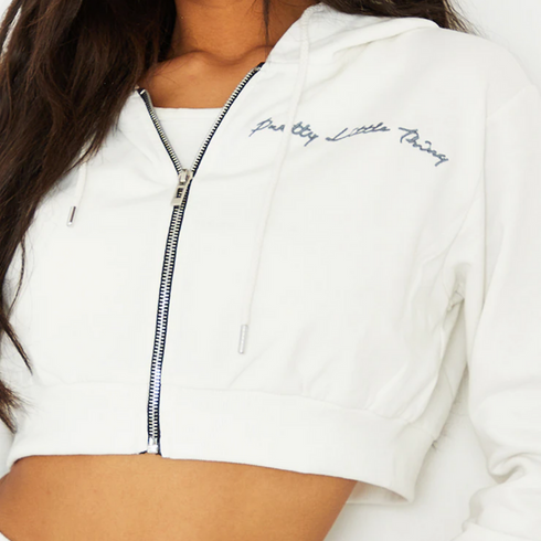 PrettyLittleThing Cream Cropped Embroidered Zip Hoodie